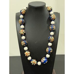 Vintage Hand Painted Wood Beaded Necklace 24" Blue Multi Color Floral Design